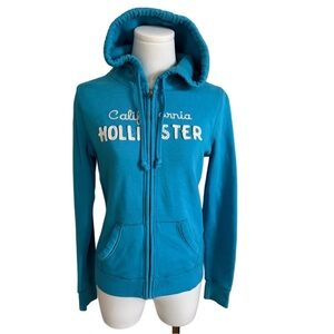 Y2K Hollister California Women's Blue Full Zip Emroidered Spellout Retro Hoodie